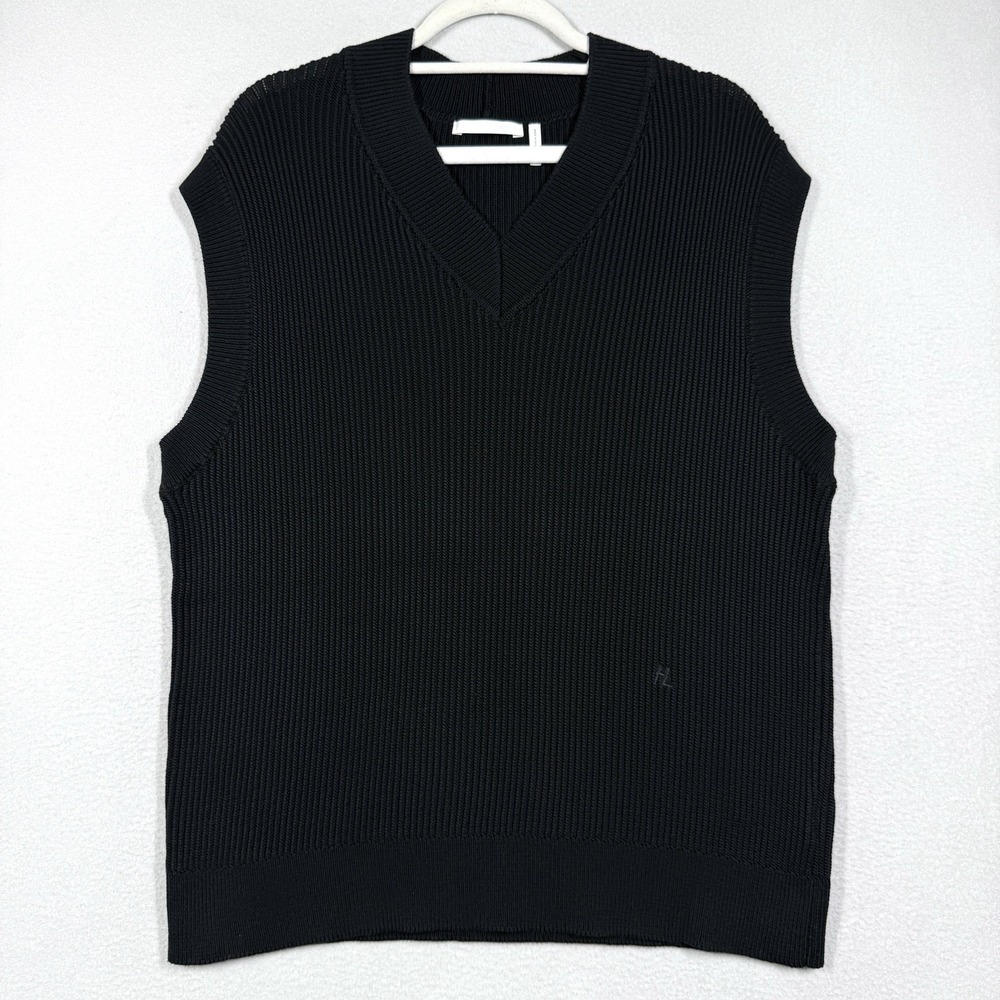 Helmut Lang Sweater Vest Mens Medium Oversized Black Sweater Vest Ribbed HL Logo